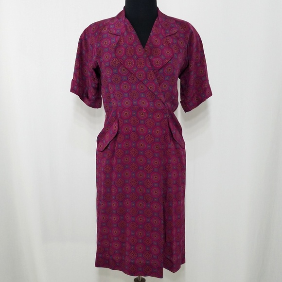 Liz Claiborne Dresses & Skirts - Vintage Dress Printed Silk Faux Wrap Shirt Midi 6P